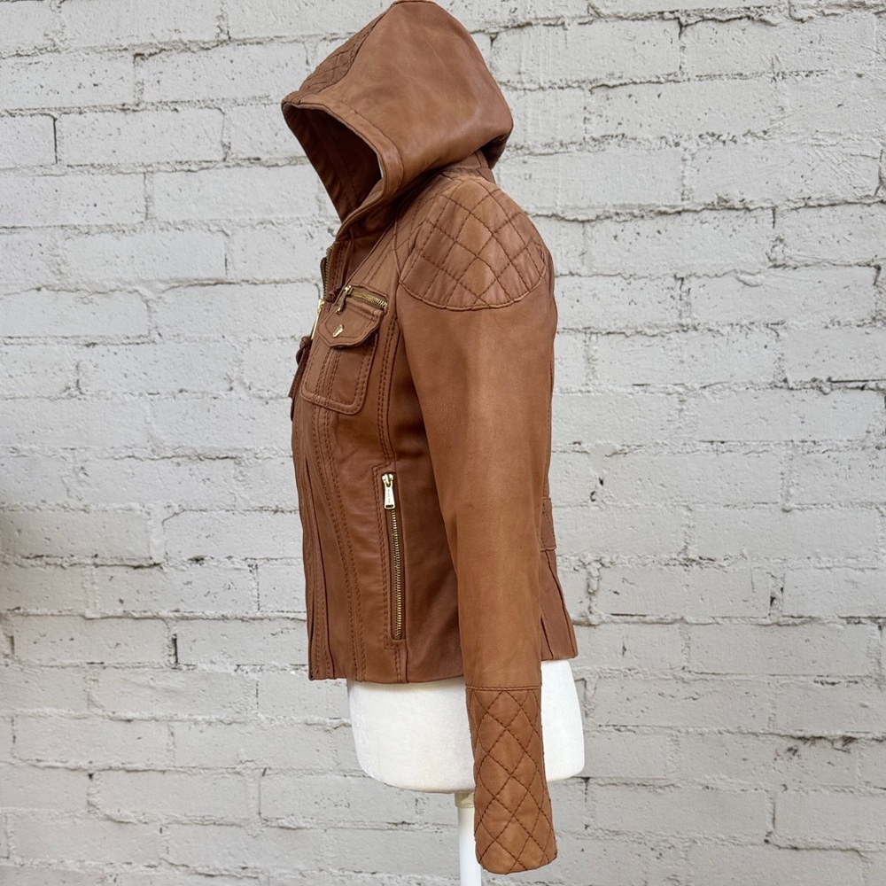 MICHAEL Michael Kors Leather Jacket Camel Brown Quilted Size Petite M - Picture 7 of 16